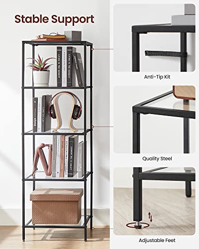 VASAGLE Bookcase, 5-Tier Bookshelf, Slim Shelving Unit for Bedroom, Bathroom, Home Office, Tempered Glass, Steel Frame, Black ULGT029B61