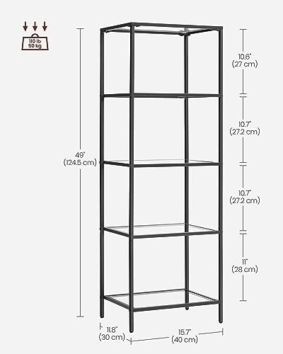 VASAGLE Bookcase, 5-Tier Bookshelf, Slim Shelving Unit for Bedroom, Bathroom, Home Office, Tempered Glass, Steel Frame, Black ULGT029B61