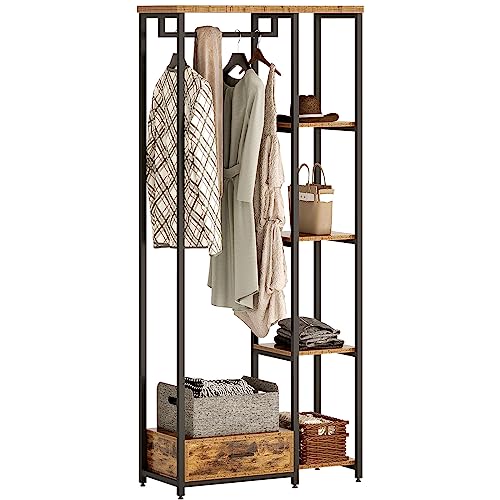 soges Free-Standing Garment Rack, Clothing Rack Clothes Organizer with 5-Tier Shelves,Hanging Rod and Drawer, Open Wardrobe Closet Storage Organizer,Portable Coat Rack, 10JYBJCR03TK