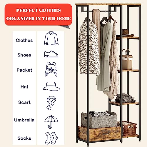 soges Free-Standing Garment Rack, Clothing Rack Clothes Organizer with 5-Tier Shelves,Hanging Rod and Drawer, Open Wardrobe Closet Storage Organizer,Portable Coat Rack, 10JYBJCR03TK