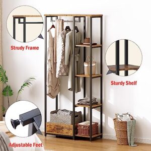 soges Free-Standing Garment Rack, Clothing Rack Clothes Organizer with 5-Tier Shelves,Hanging Rod and Drawer, Open Wardrobe Closet Storage Organizer,Portable Coat Rack, 10JYBJCR03TK