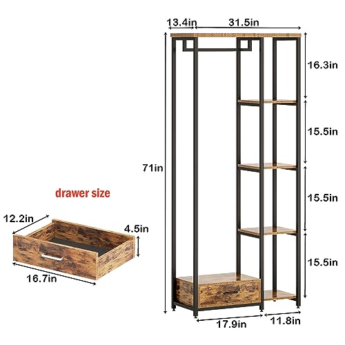 soges Free-Standing Garment Rack, Clothing Rack Clothes Organizer with 5-Tier Shelves,Hanging Rod and Drawer, Open Wardrobe Closet Storage Organizer,Portable Coat Rack, 10JYBJCR03TK