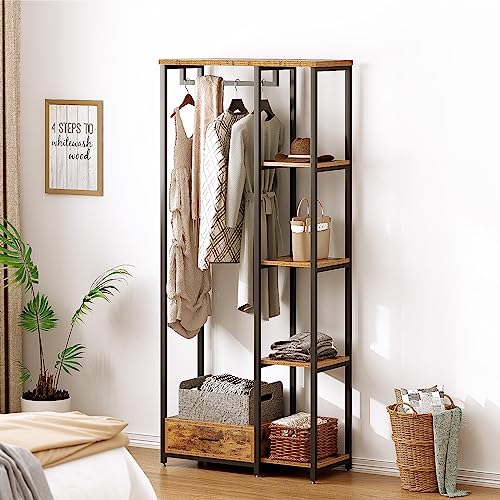 soges Free-Standing Garment Rack, Clothing Rack Clothes Organizer with 5-Tier Shelves,Hanging Rod and Drawer, Open Wardrobe Closet Storage Organizer,Portable Coat Rack, 10JYBJCR03TK