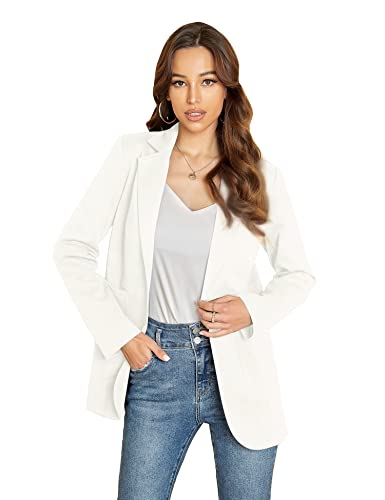 EXTRO&VERT Blazer Jackets for Women Single Button Long Sleeve Patch Pocket Suit for Work Casual White