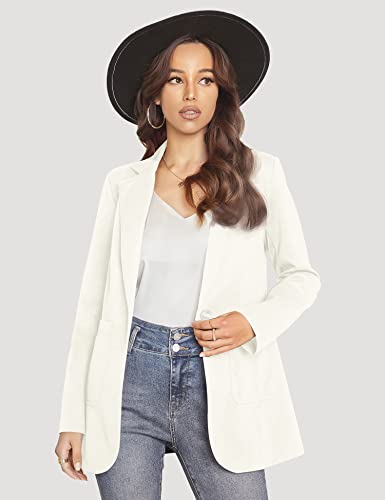 EXTRO&VERT Blazer Jackets for Women Single Button Long Sleeve Patch Pocket Suit for Work Casual White