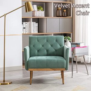 Olela Accent Chair with Arms for Living Room, Modern Tufted Single Sofa Armchair with Gold Metal Legs Upholstered Reading Chair for Bedroom Office Decorative (Velvet-Smooth Backrest, Mint Green)