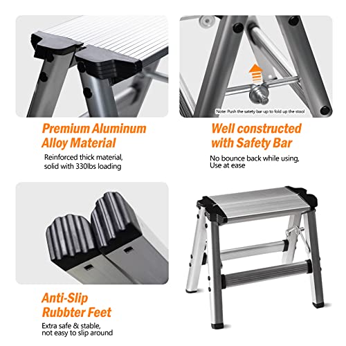 Folding One Step Stool - Small Aluminum 1 Step Ladder 330lbs Capacity with Non-Slip Feet, Lightweight Sturdy Metal Step Stool by CHEAGO, Portable Solid Handy Stool for Kitchen, Home, RV, Garage