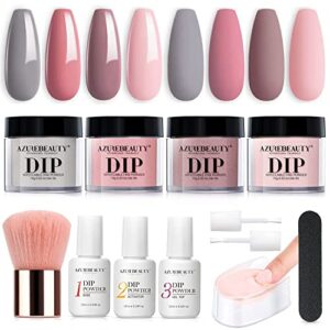 azurebeauty dip powder nail kit, 4 colors gentle nude pink neutral skin dipping powder system liquid set recycling tray with base & top coat activator for french nail art manicure salon diy at home