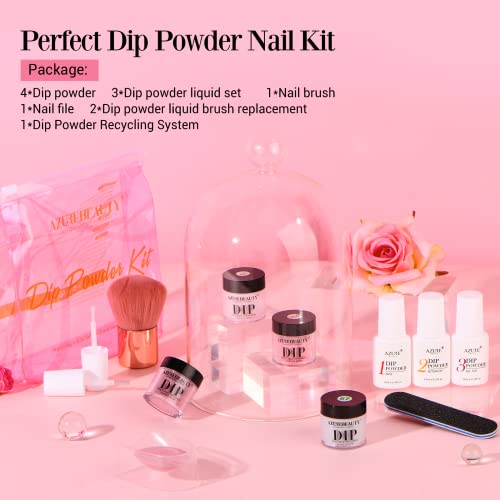 AZUREBEAUTY Dip Powder Nail Kit, 4 Colors Gentle Nude Pink Neutral Skin Dipping Powder System Liquid Set Recycling Tray with Base & Top Coat Activator for French Nail Art Manicure Salon DIY at Home