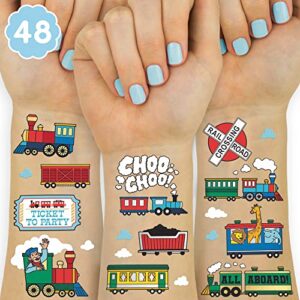 xo, fetti train party supplies temporary tattoos for kids - 48 styles | trains birthday, choo choo party favors, railroad decorations