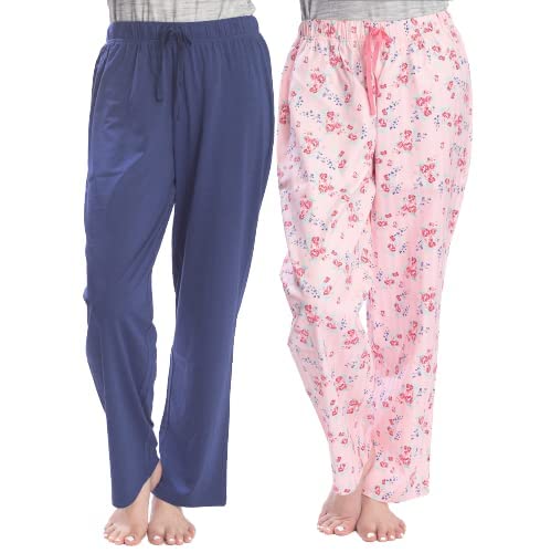 Hanes Women's 2-Pack Solid and Pattern Sleep Pajama Pant Set, Navy and Floral, Large