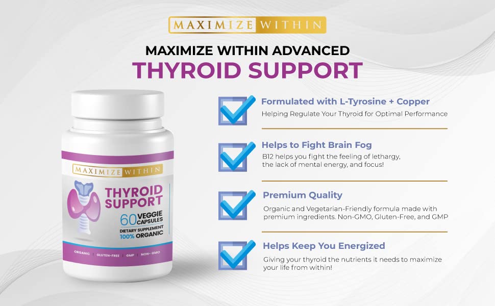 Maximize Within Thyroid Support Supplement for Women & Men - Focus, Mental Clarity & Energy with Ashwagandha Iodine Zinc Kelp Vitamin B12 L Tyrosine Selenium Copper Bladderwrack- 60 Count