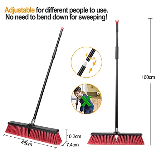 18 inches Push Broom Outdoor Garden Broom with 63" Long Handle for Deck Driveway Garage Yard Patio Concrete Floor Cleaning(Red)