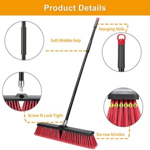 18 inches Push Broom Outdoor Garden Broom with 63" Long Handle for Deck Driveway Garage Yard Patio Concrete Floor Cleaning(Red)