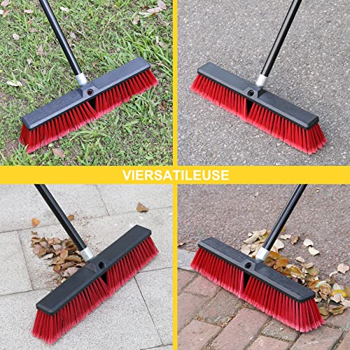 18 inches Push Broom Outdoor Garden Broom with 63" Long Handle for Deck Driveway Garage Yard Patio Concrete Floor Cleaning(Red)