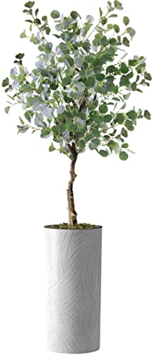 Artificial Tree in White Marble Effect Planter, Fake Eucalyptus Silk Tree for Indoor and Outdoor Home Decoration - 66" Overall Tall (Plant Pot Plus Tree)