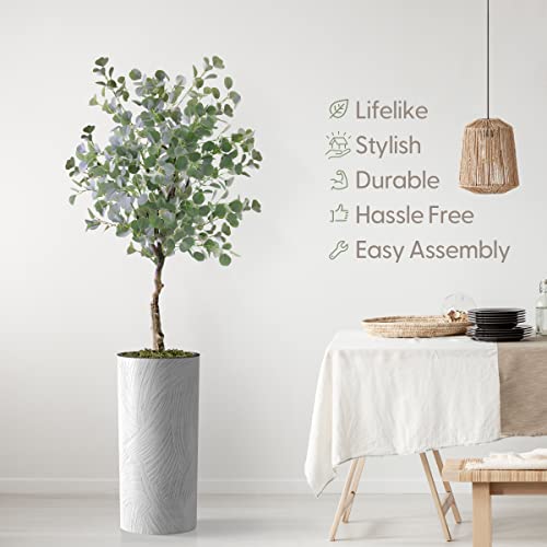 Artificial Tree in White Marble Effect Planter, Fake Eucalyptus Silk Tree for Indoor and Outdoor Home Decoration - 66" Overall Tall (Plant Pot Plus Tree)