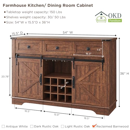 OKD Farmhouse Buffet Cabinet with Storage, 54" Sideboard w/ 3 Drawers, Sliding Barn Door, Wine and Glass Rack, Storage Shelves, Liquor Coffee Bar Cupboard for Kitchen, Dining Room, Reclaimed Barnwood