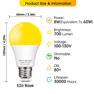 Flaspar Yellow Light Bulbs, 60W Equivalent Bug Light Bulb, E26 Base, A19 Yellow LED Bulb, No Blue Light, Decorative Lamps for Home, Hallway, Halloween, Christmas, Party, Holiday, 2 Pack