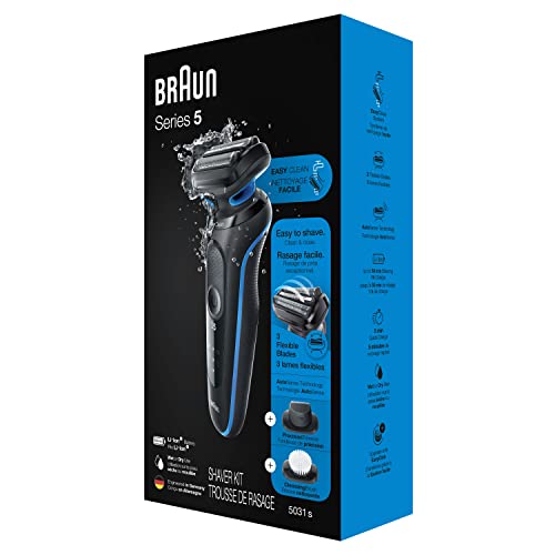 Braun Series 5 5031s Electric Shaver with Precision Trimmer and Cleansing Brush Attachments, Wet & Dry, Rechargeable, Cordless Foil Shaver, Blue