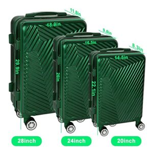 LING RUI Luggage Sets 3 Piece with TSA Approved, Lightweight Hard Shell Travel Large Rolling Checked Suitcases with Spinner Wheels (20/24/28), Green