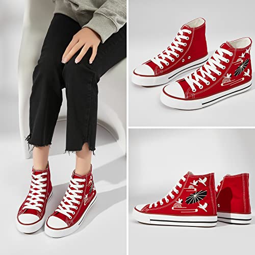 hash bubbie Women's High top Sneakers Classic High Tops Canvas Shoes for Women Lace up Tennis Shoes Fashion Canvas Sneakers Casual Shoes for Walking（ Red Embroidery.US9）