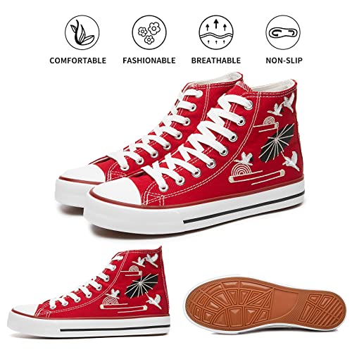 hash bubbie Women's High top Sneakers Classic High Tops Canvas Shoes for Women Lace up Tennis Shoes Fashion Canvas Sneakers Casual Shoes for Walking（ Red Embroidery.US9）