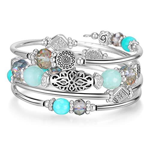 FULU AUTUMN Stackable Beaded Bracelets for Women Boho Wrap Silver Bracelet Layered Fashion Jewelry Gifts for Her (Turquoise)