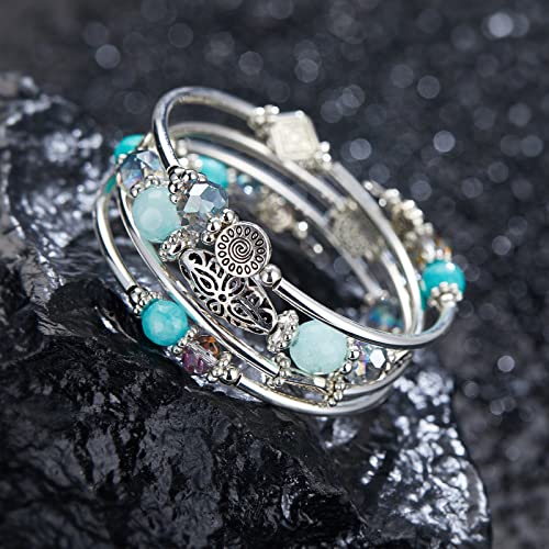 FULU AUTUMN Stackable Beaded Bracelets for Women Boho Wrap Silver Bracelet Layered Fashion Jewelry Gifts for Her (Turquoise)