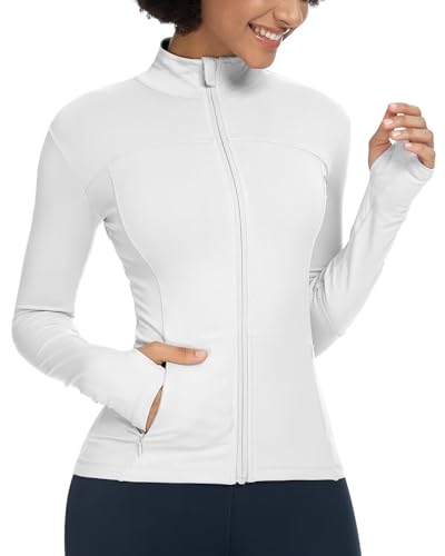 QUEENIEKE Womens Sports Jacket Turtleneck Slim Fit Full-Zip Running Top Size M White