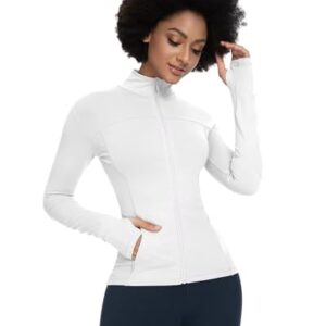 QUEENIEKE Womens Sports Jacket Turtleneck Slim Fit Full-Zip Running Top Size M White