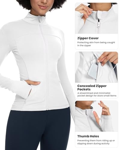 QUEENIEKE Womens Sports Jacket Turtleneck Slim Fit Full-Zip Running Top Size M White