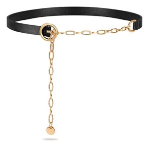 SANSTHS Women Chain Belt, Skinny Faux Leather Waist Belt with Gold Alloy O -Ring Pin Buckle for dress Summer S,Black