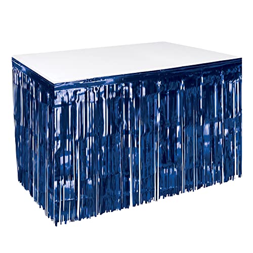 Beistle 1-Ply Metallic Plastic Foil Fringe Table Skirt Parade Floats, Mardi Gras Party, Birthday Decorations, Baby Shower Celebration, Wedding Reception, 30" x 14', Navy