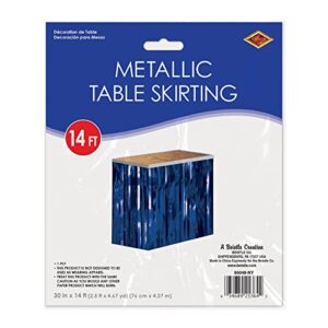 Beistle 1-Ply Metallic Plastic Foil Fringe Table Skirt Parade Floats, Mardi Gras Party, Birthday Decorations, Baby Shower Celebration, Wedding Reception, 30" x 14', Navy