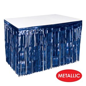 Beistle 1-Ply Metallic Plastic Foil Fringe Table Skirt Parade Floats, Mardi Gras Party, Birthday Decorations, Baby Shower Celebration, Wedding Reception, 30" x 14', Navy