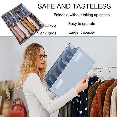 Riquie 2 Pcs Foldable Wardrobe Clothes Organizer for Jeans, Newly Upgrade Washable Closet Drawers Organizers and Storage Pants, Thin Coat with Handle Clear Lids Label (9 Grids Grey)