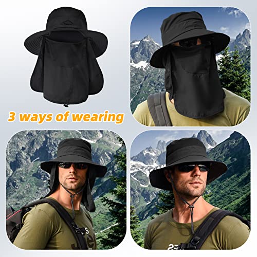 Fishing Hat for Men Sun Protection Hat with Removable Mesh Face Neck Flap Cover Windproof Strap for Men and Women Black