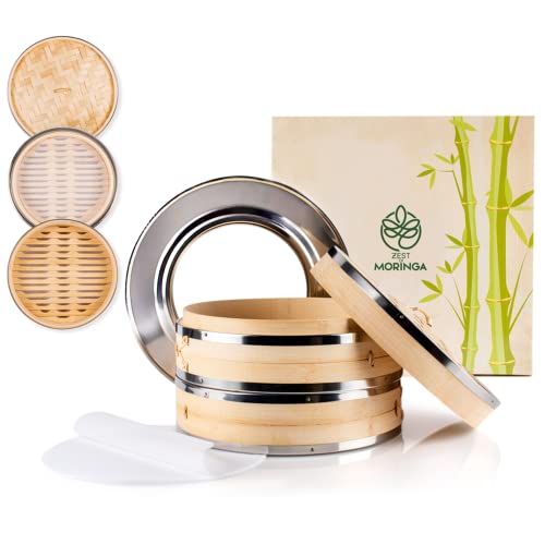 Bamboo Steamer Basket - 10 Inch 2 Tier Vegetable Steamer w/Stainless Steel Ring & 4 Silicone Liners, Dumpling Steamer for Steaming Food