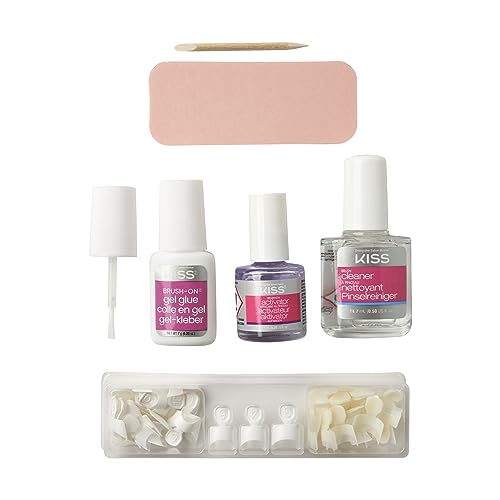 KISS Brush-On Gel Finish Fake Nail Kit French Manicure Set, 48 Short Length Square Shaped French & Natural Glue-On Nail Tips