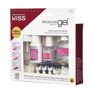 KISS Brush-On Gel Finish Fake Nail Kit French Manicure Set, 48 Short Length Square Shaped French & Natural Glue-On Nail Tips