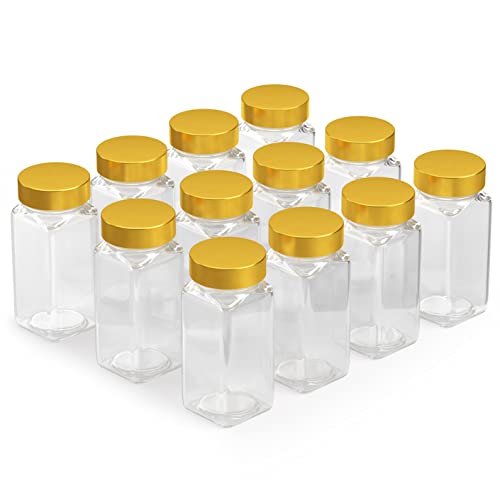 Tafts SQUARE Glass Spice Jars & Bottles l 33% Thicker - 12 Pcs Glass Spice - 3 oz or 4oz Empty Glass Spice Seasoning Containers l Shaker Lids and Airtight Caps l Aluminum Finish (Square, Gold)