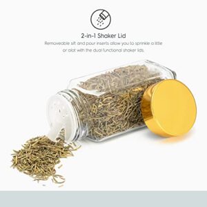 Tafts SQUARE Glass Spice Jars & Bottles l 33% Thicker - 12 Pcs Glass Spice - 3 oz or 4oz Empty Glass Spice Seasoning Containers l Shaker Lids and Airtight Caps l Aluminum Finish (Square, Gold)