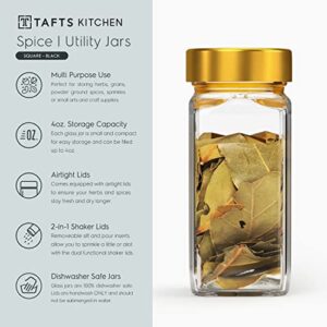 Tafts SQUARE Glass Spice Jars & Bottles l 33% Thicker - 12 Pcs Glass Spice - 3 oz or 4oz Empty Glass Spice Seasoning Containers l Shaker Lids and Airtight Caps l Aluminum Finish (Square, Gold)