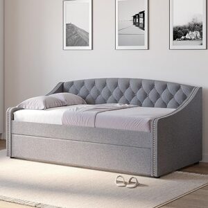 dg casa suva traditional upholstered daybed with trundle platform bed frame with diamond button tufting nailhead trim and full wooden slats, box spring not required - twin size day bed in gray fabric