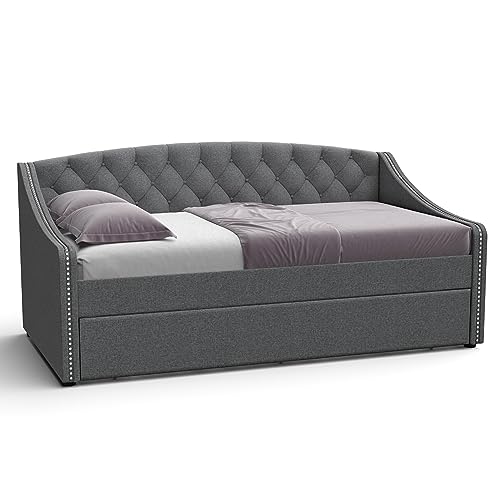 DG Casa SUVA Traditional Upholstered Daybed with Trundle Platform Bed Frame with Diamond Button Tufting Nailhead Trim and Full Wooden Slats, Box Spring not Required - Twin Size Day Bed in Gray Fabric