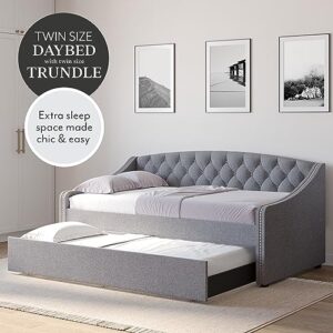 DG Casa SUVA Traditional Upholstered Daybed with Trundle Platform Bed Frame with Diamond Button Tufting Nailhead Trim and Full Wooden Slats, Box Spring not Required - Twin Size Day Bed in Gray Fabric