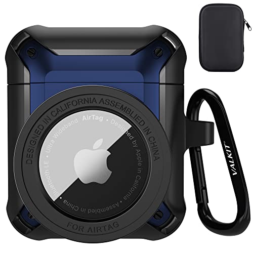 Valkit Compatible Airpods Case and AirTags Case Cover, 2 in 1 Rugged Protective Case Shockproof Air Pod 2 Case for Men Women with Keychain iPod Skin for Airpods 1/2 Gen and Airtag 2021, Black/Blue