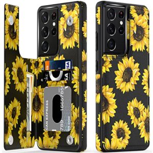 leto galaxy s21 ultra case,flip folio leather wallet case cover with fashion designs for girls women,card slots kickstand phone case for samsung galaxy s21 ultra 6.8" blooming sunflowers