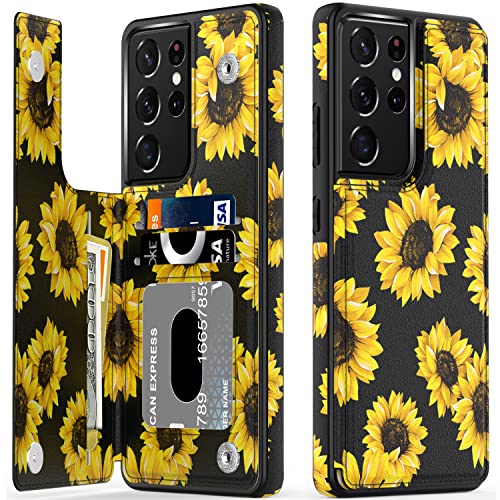 LETO Galaxy S21 Ultra Case,Flip Folio Leather Wallet Case Cover with Fashion Designs for Girls Women,Card Slots Kickstand Phone Case for Samsung Galaxy S21 Ultra 6.8" Blooming Sunflowers